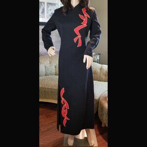 1970s Black Maxi Dress with Asian Inspired Graphics